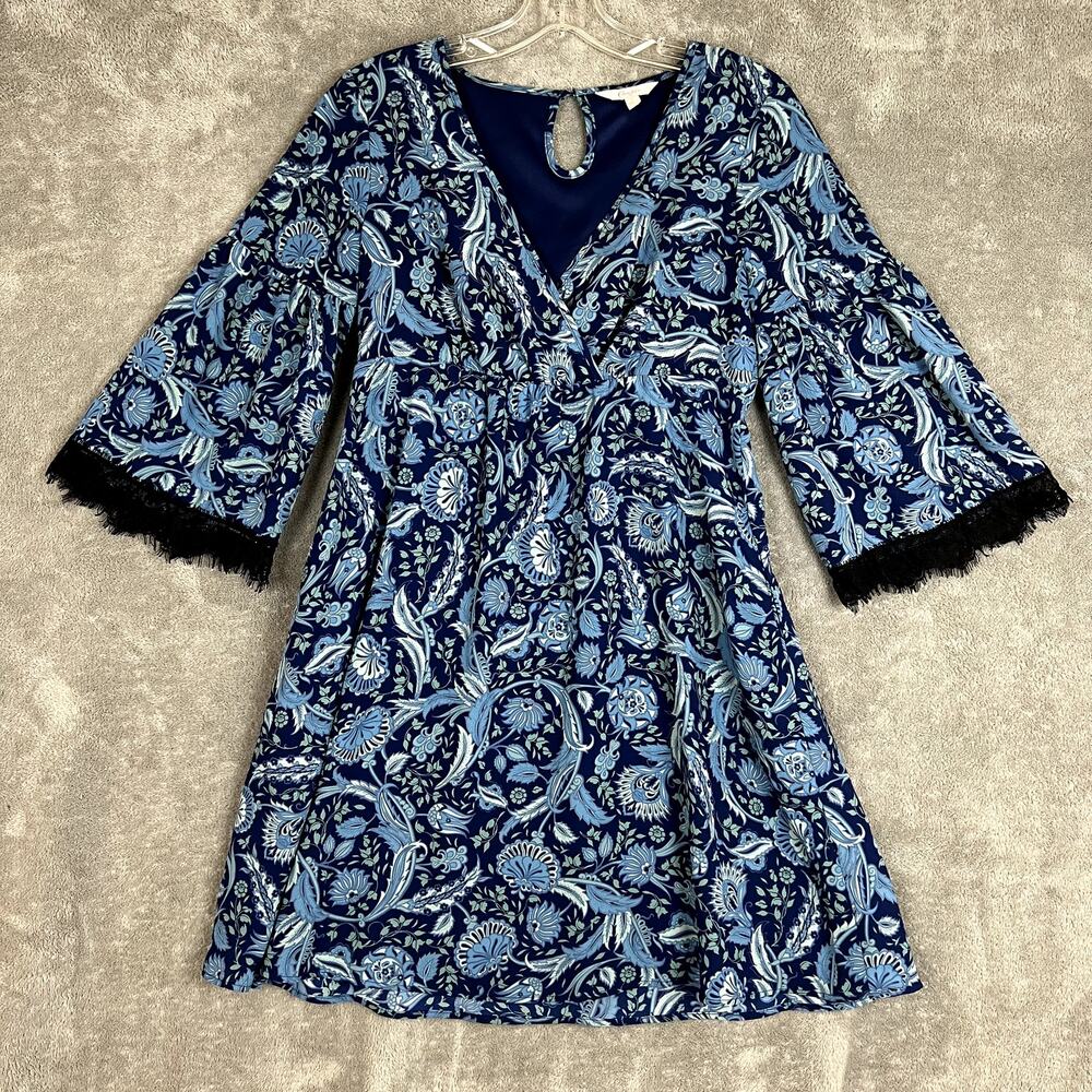 Y2K Candies Blue Paisley Print Mini Dress Womens S Babydoll Lace Sleeves